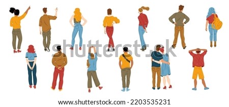 Back view of standing diverse people. Men and women characters in casual style clothes from behind. Adult persons in different poses, couple hug, girl pointing hand up, vector flat illustration