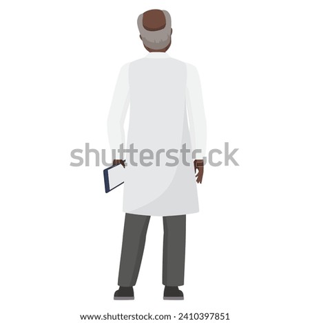 Back view of standing doctor man. Hospital worker in white uniform cartoon vector illustration