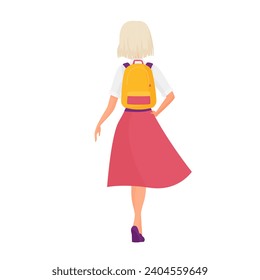 Back view of standing elegant student girl with backpack. Female teenager in red skirt cartoon vector illustration