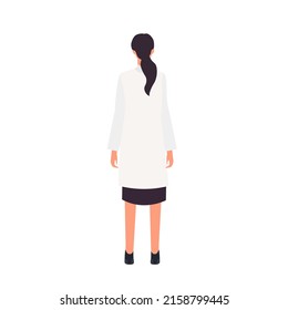 Back view of standing female doctor pose. Hospital healthcare worker vector illustration