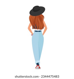 Back view of standing hipster girl. Pretty young woman with hat vector cartoon illustration
