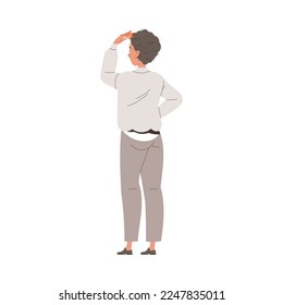 Back View of Standing Man Scratching Head Looking at Something Vector Illustration