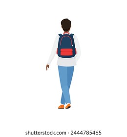 Back view of standing student character. Student boy with university backpack flat vector illustration