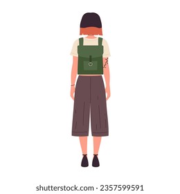 Back view of standing student girl. Teen lady with backpack vector illustration