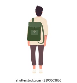 Back view of standing student. Teenager with college backpack vector illustration