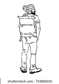 Vista posterior de un viajero turístico de pie con una mochila. Ilustración vectorial.