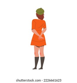 Back View of Standing Woman in Beret with Hands Behind Looking at Something Vector Illustration