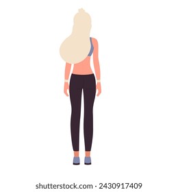 Back view of standing woman coach. Fitness female trainer, gym training vector illustration