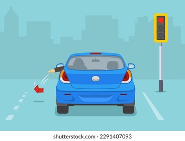 Back view of stopped car at traffic light. Driver throws out a used plastic cup on the ground from the front open window. Isolated flat vector illustration template.