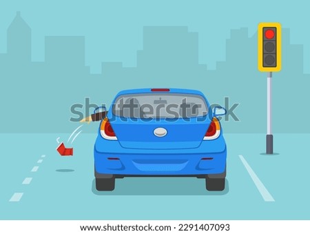 Back view of stopped car at traffic light. Driver throws out a used plastic cup on the ground from the front open window. Isolated flat vector illustration template.