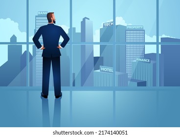 Back view of successful businessman looking at his business empire from his office window, vector illustration