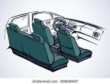 Back view suv rear chair, rudder, tachometer, monitor design isolate white background. Dark green color pen hand drawn icon symbol sign logo pictogram retro art cartoon doodle style paper text space