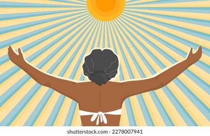 Vista posterior de una mujer bronceada con bikini bajo la luz del sol, concepto de vida saludable. ilustración vectorial plana.