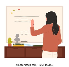 El profesor de visión trasera parado en la pizarra en el aula escribe con tiza en la ilustración vectorial del tablero. Estudiantes de la escuela, la universidad o la universidad que imparten clases y enseñan