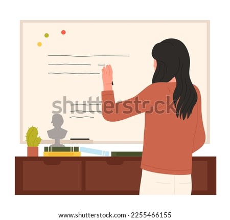 Back view teacher standing at blackboard in classroom writes with chalk on the board vector illustration. Woman training students of school, college or university on lesson, professor teaching