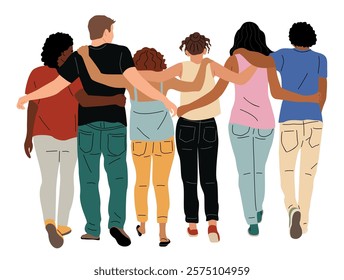 Back view of team of cartoon men and women hugging. Crowd of people from behind, friends, community flat vector illustration. Communication, teamwork, diversity concept for banner, website design