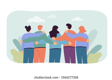 Back view of team members standing together flat vector illustration. Cartoon crowd of people embracing and looking forward. Community, diversity and communication concept