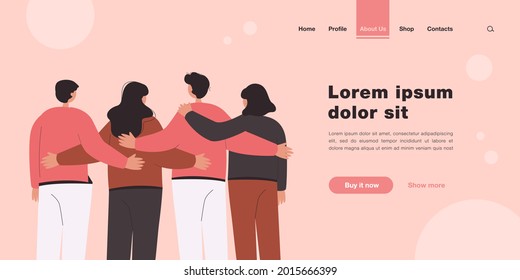 Back view of team members standing together flat vector illustration. Cartoon crowd of people embracing and looking forward. Community, diversity and communication concept