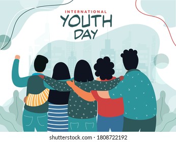 Back View of Teenage Friends Standing Together on Light Turquoise Building Background for International Youth Day.