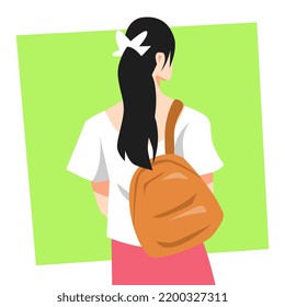 back view of teenage girl illustration wearing a backpack. the concept of traveling, school, beautiful, etc. flat vector