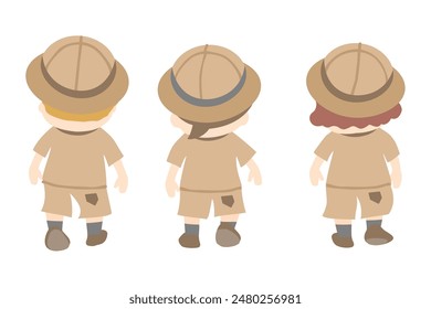 Back view of three children walking in explorer clothes.