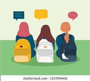 Back view three schoolgirls and backpacks sitting  hand drawn style vector design illustrations  