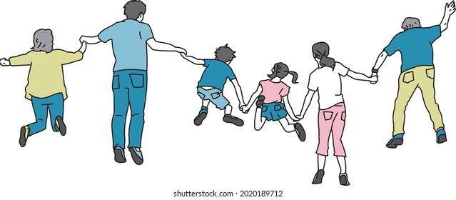 Back view of a three-generation family jumping