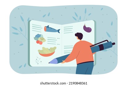 Back view of tiny man holding big pen in front of cook book. Cartoon person writing or using book of recipes flat vector illustration. Cooking concept for banner, website design or landing page