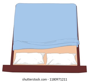 Back view top view Birds eye perspective angle Double bed furniture interior element white pillows blanket oak wood brown blue