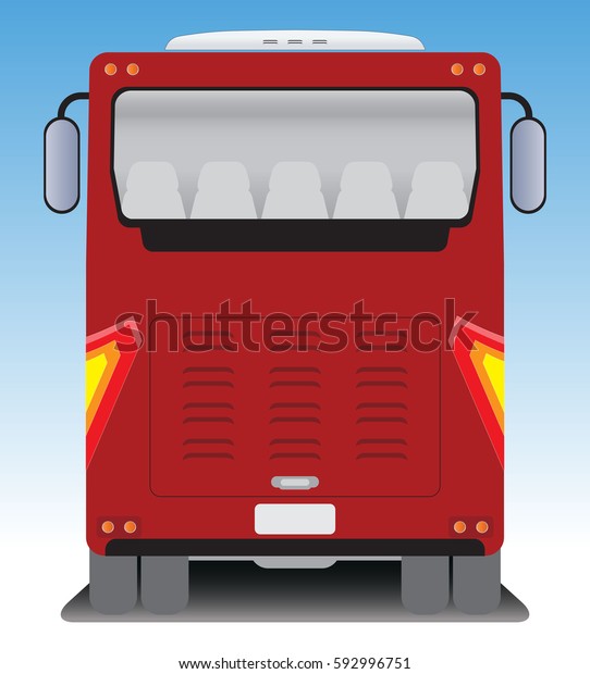 Back view of\
Tourist bus on blue sky\
background