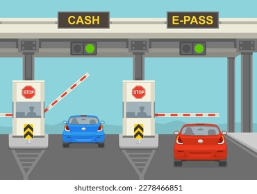 Rückansicht des Verkehrsflusses auf der Autobahn. Autos, die durch einen Schranken fahren. Flache Vektorgrafik-Vorlage.