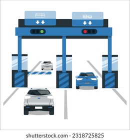 Back view of traffic flow on highway. Cars passing through checkpoint with barriers. Flat vector illustration template. Checkpoint on the toll road with barrier and booth. Payment area with transport.