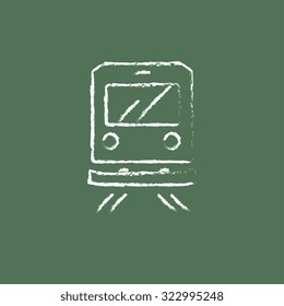 Back view of train hand drawn in chalk on a blackboard vector white icon isolated on a green background.