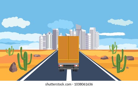 Back view of Truck trail driving on the road in the desert landscape, city buildings on horizont horizontal vector concept illustration