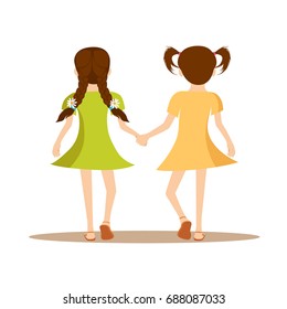Back view of two cute little girls holding hands together isolated for Happy Friendship Day