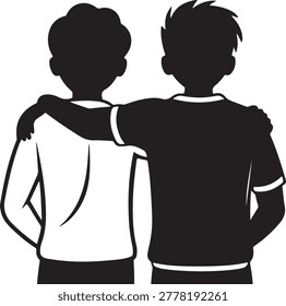 Back view of two male friends standing together, one with arm around other's shoulder, symbolizing friendship and support.