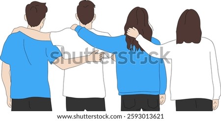 Back view of two men and two women with arms around each other