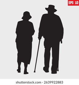 Back view of two relaxed and romantic seniors or pensioners, waking old couple outdoors enjoying vacations together