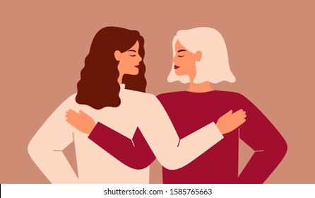 Back view of two strong women supporting each other. Friends hug and look each other in the face. The concept of friendship, care and love. Vector flat illustration