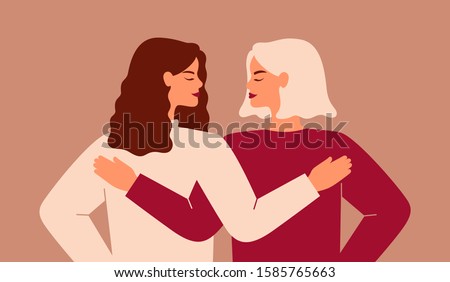 Back view of two strong women supporting each other. Friends hug and look each other in the face. The concept of friendship, care and love. Vector flat illustration