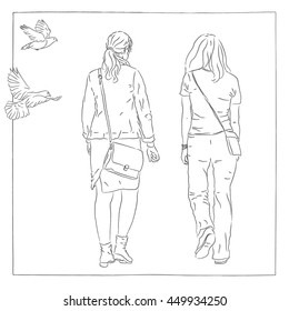Back view of two walking women with long hair, carrying a shoulder bag.Two flying doves. Hand drawn vector illustration for scribble composings and presentations
