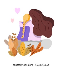 Back View  Two women are hugging in the Garden  Flat Cartoon Vector Illustration  Lesbian  LGBT concept 