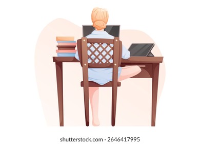 Back view vector cartoon illustration of a woman studying or working remotely at a desk with laptop, tablet, and books. Perfect for themes of online education, freelance work, or productivity at home.