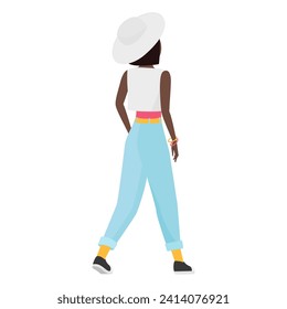 Back view of walking black hipster girl. Cool girl with white hat cartoon vector illustration