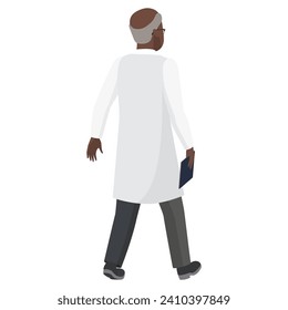 Back view of walking doctor man. Hospital clinical worker in white coat cartoon vector illustration. 3D Illustration