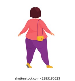 Back view of walking fat woman. Plus size girl, obese stylish woman vector cartoon illustration