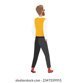 Back view of walking hipster man. Stylish boy in classical suit vector cartoon illustration