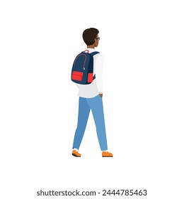 Back view of walking student character. Student boy with university backpack flat vector illustration