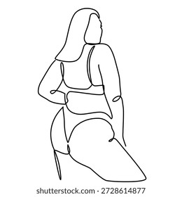 Vista posterior de la mujer en bikini una línea de dibujo. Vista posterior de la mujer en bikini ilustración de una sola línea. Vista posterior de la mujer en el arte de línea minimalista del bikini
