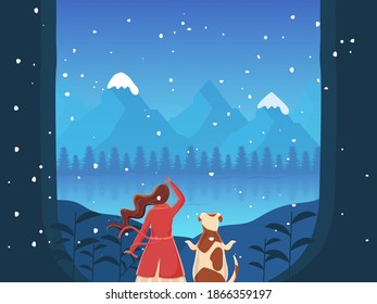 Back View Of Woman Character With Dog Standing On Blue Winter Landscape River Background.